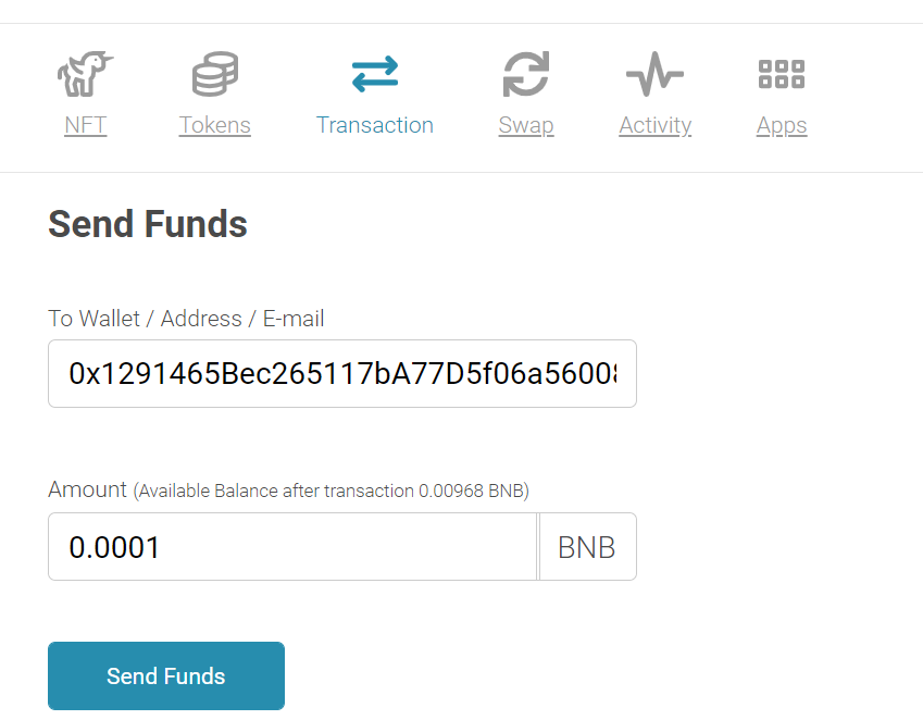Venly wallet transaction page showing BNB funds and wallet address