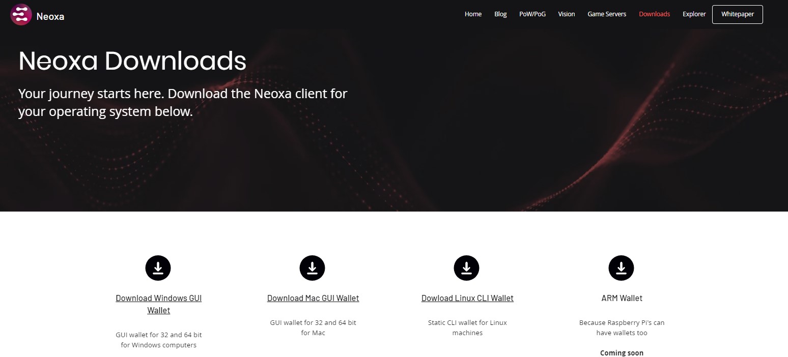 Neoxa Downloads page showing the different Neoxa wallets available for download.