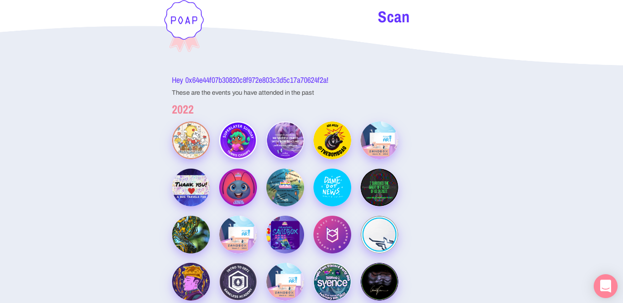 Screenshot of POAP Scan wallet of a user, showing all their POAP NFTs