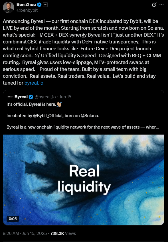 Bybit CEO Ben Zhou’s announcement of Byreal.