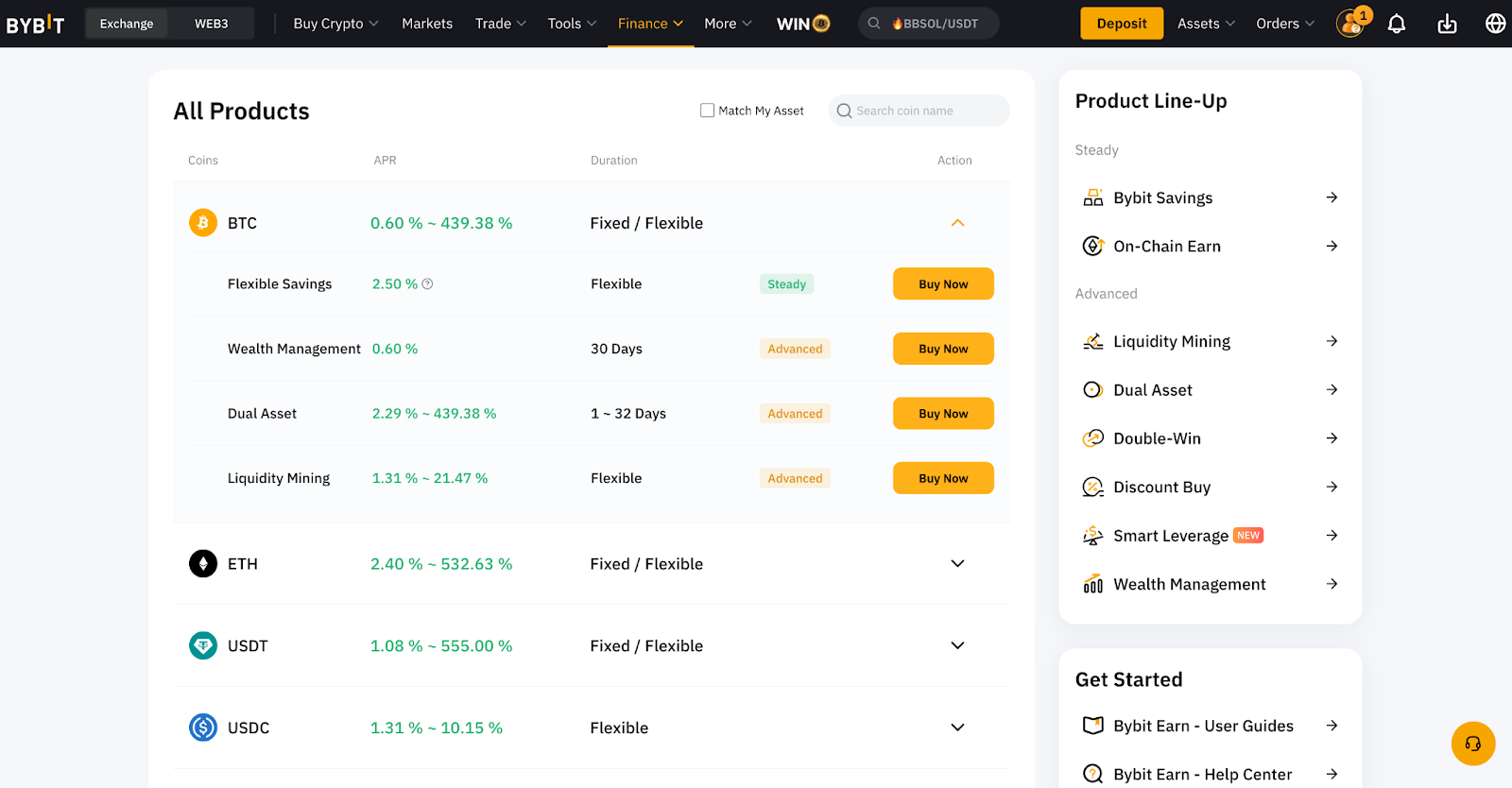 Bybit Earn overview page.