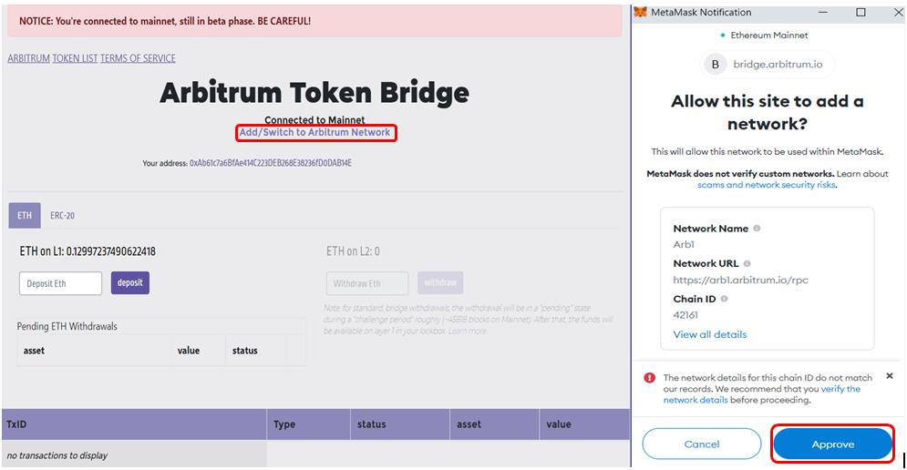 One-click method for connecting Arbitrum network to MetaMask wallet