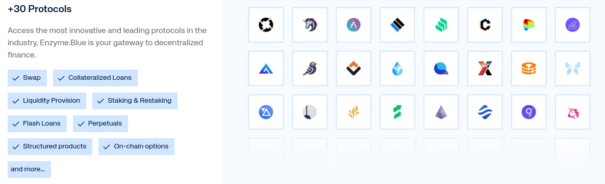 Enzyme.Blue supported DeFi protocols.