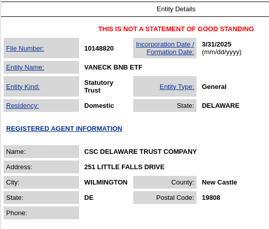 VanEck's registration for the BNB ETF with Delaware's Division of Corporations.