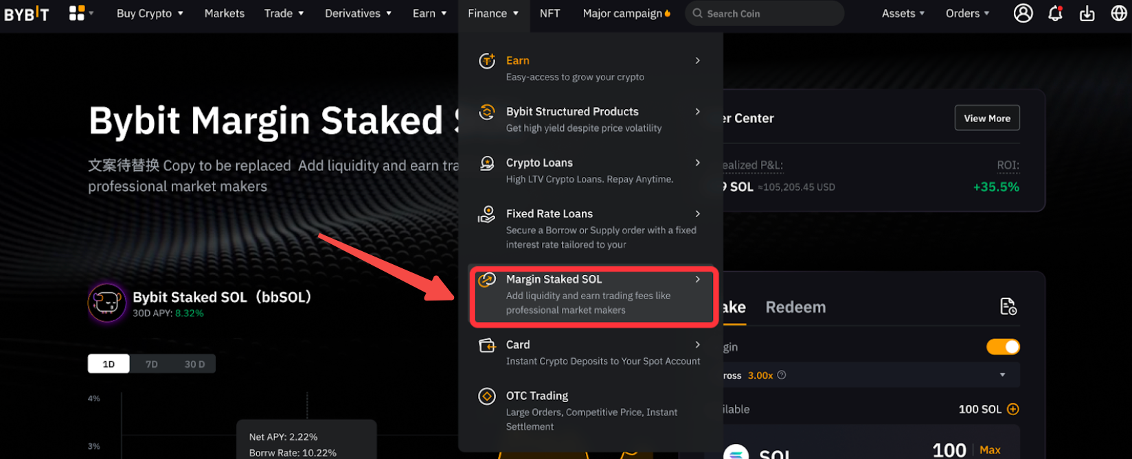 Choosing Margin Staked SOL on Bybit.