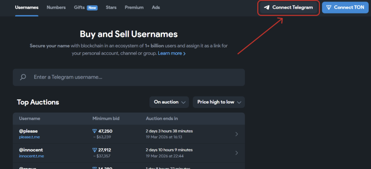 Подключение Telegram-аккаунта к Fragment