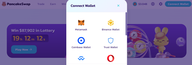 Connect Wallet options on PancakeSwap