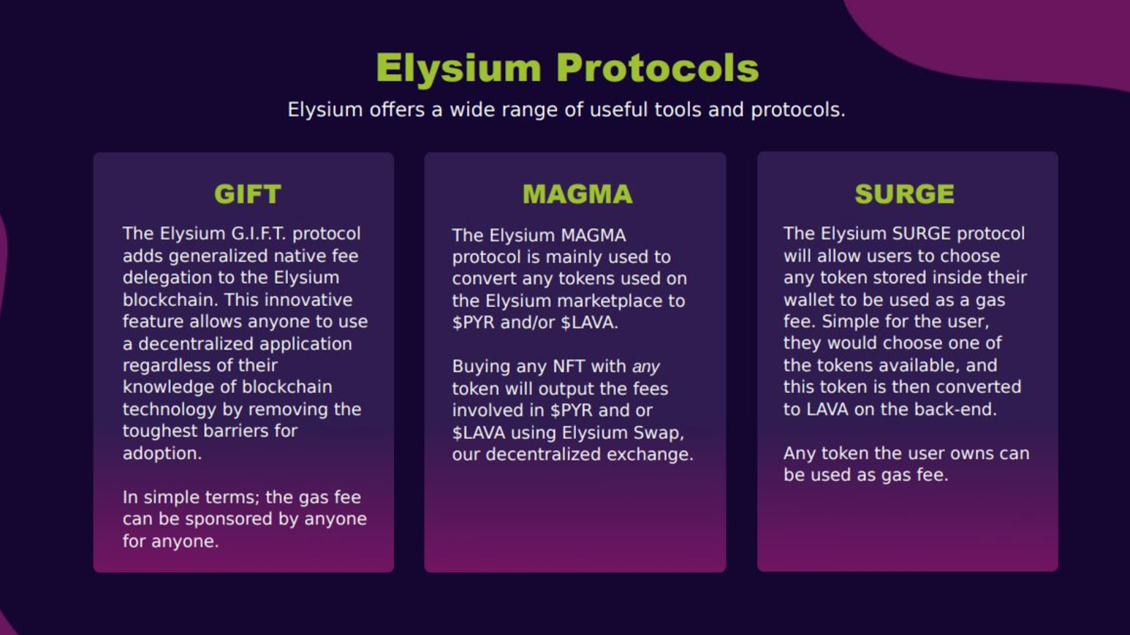 The three Elysium protocols: GIFT, MAGMA and SURGE.