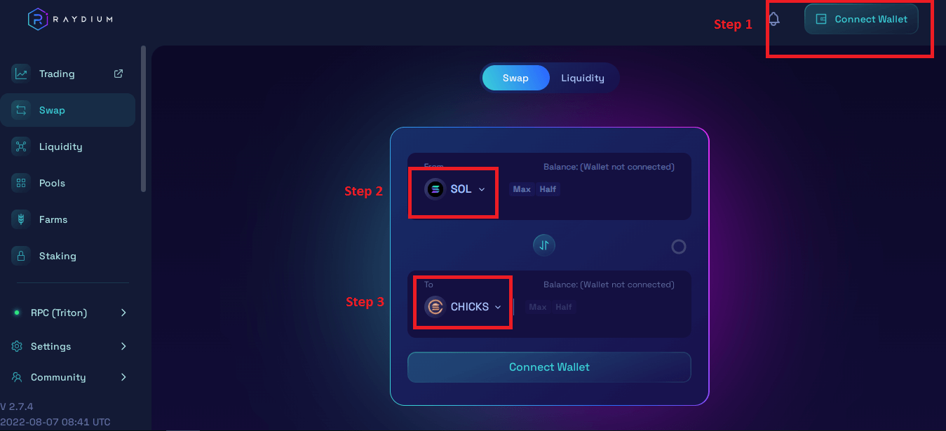 Swap tab on Raydium.io highlighting Connect Wallet, SOL and CLICKS buttons.
