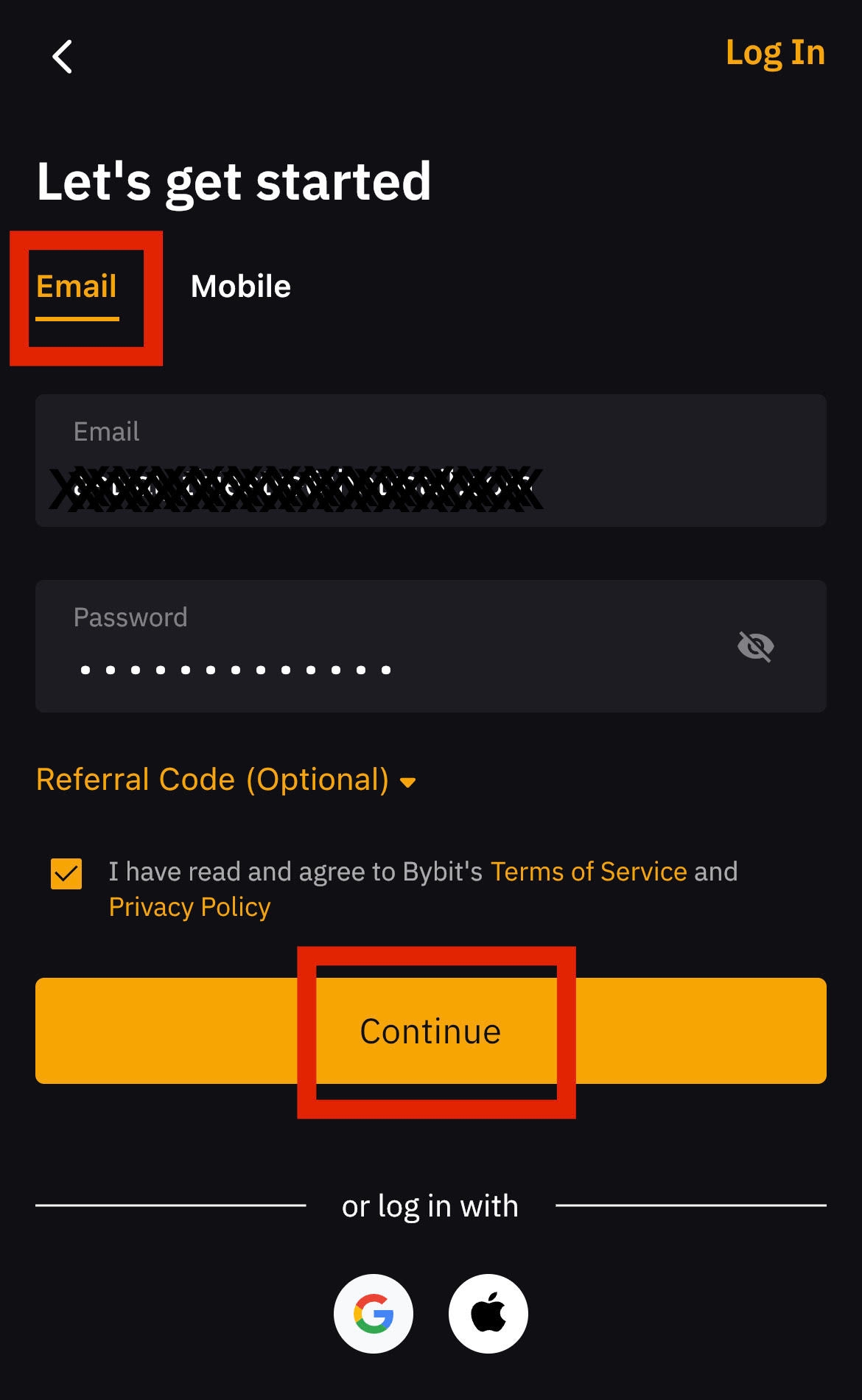 Bybit Email Sign Up with Continue button (on mobile)