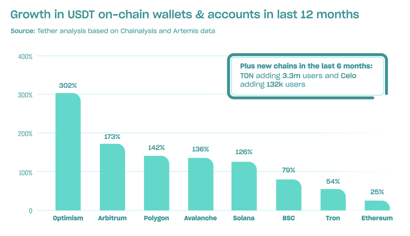 Optimism, Arbitrum and Polygon charting among the highest USDT growth in on-chain wallets and accounts in the past 12 months, as reported on Oct 16, 2024.