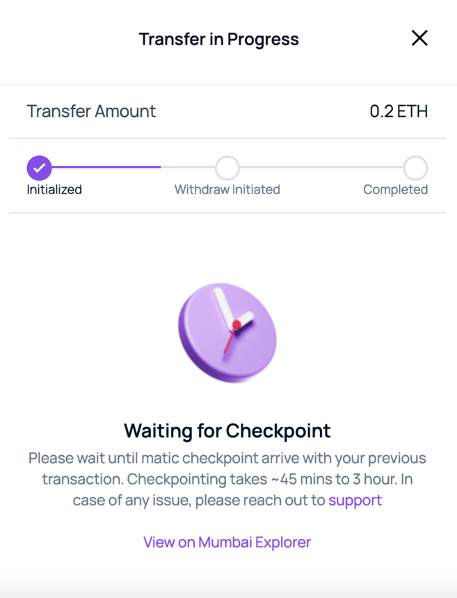 From Polygon to Ethereum Step 5: Transfer in progress – Waiting for Checkpoint