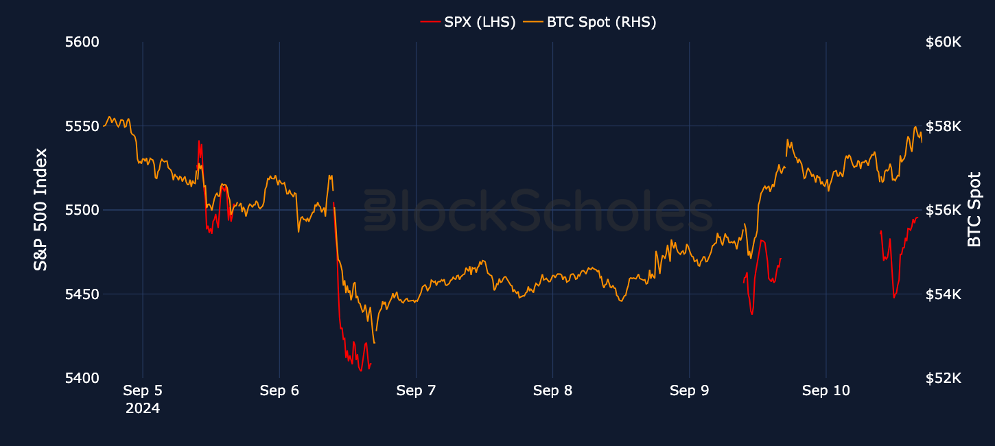 Spot price of BTC and S&P 500 index during early September 2024.