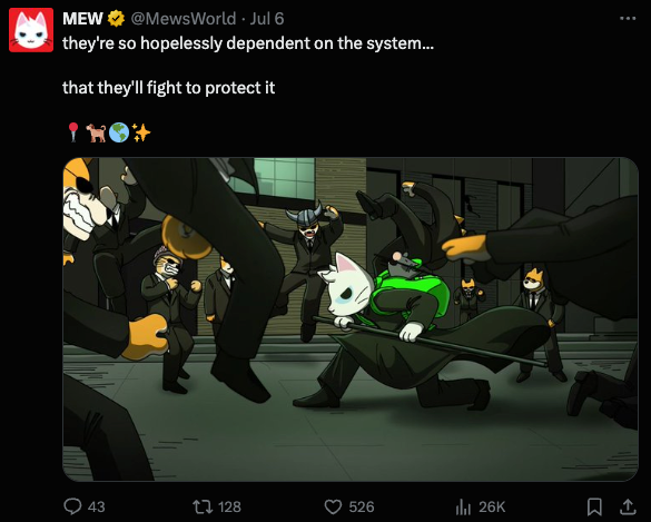 MEW's tweet of an image of MEW fighting a bunch of dog gangsters.