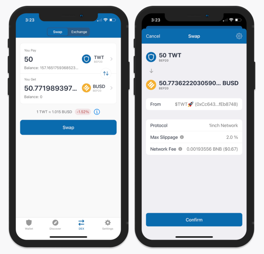 Swapping and exchanging crypto with Trust Wallet.