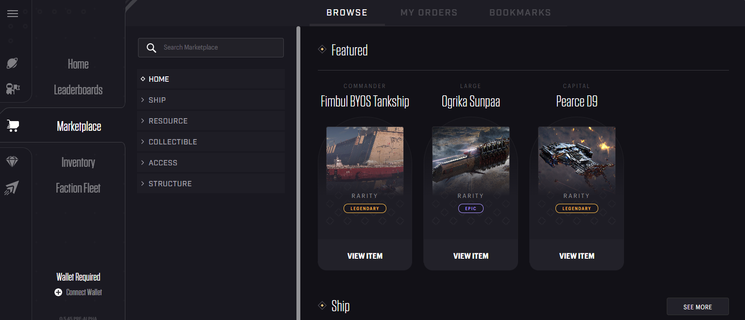 Screenshot of items listed on the Star Atlas marketplace.