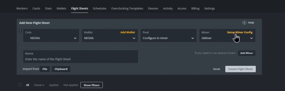 Alt text: Fields required for the Flight Sheet tab in Hive OS.