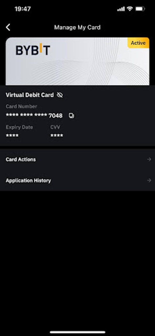Λάβετε τα στοιχεία της εικονικής κάρτας σας στην ενότητα Διαχείριση της κάρτας μου στον λογαριασμό σας Bybit.