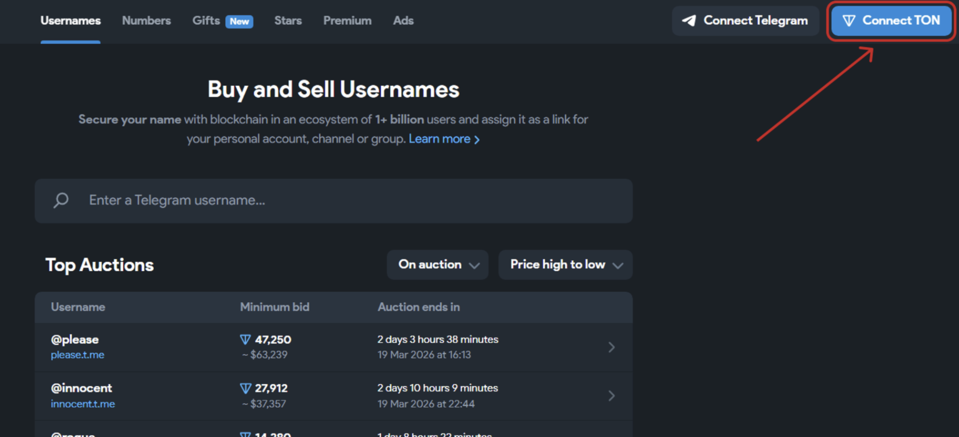 Для подключения TON-кошелька к Fragment нужно нажать кнопку Connect TON