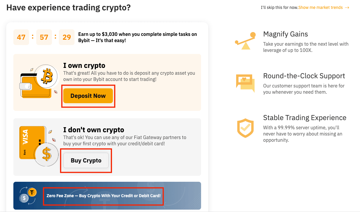 Bybit's Deposit/Buy Crypto page after registration.