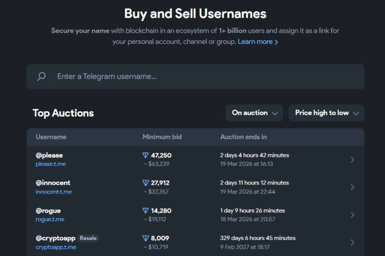 Покупка и продажа Telegram-имен на Fragment