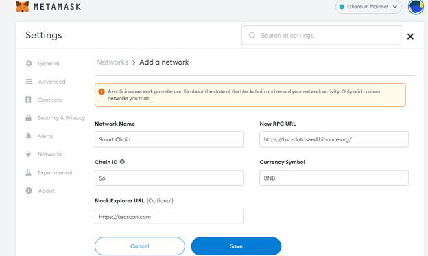 MetaMask > Networks Settings > Add a network tab