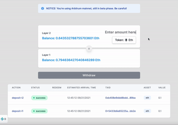 Enter the amount of ETH tokens to withdraw from L2 to L1