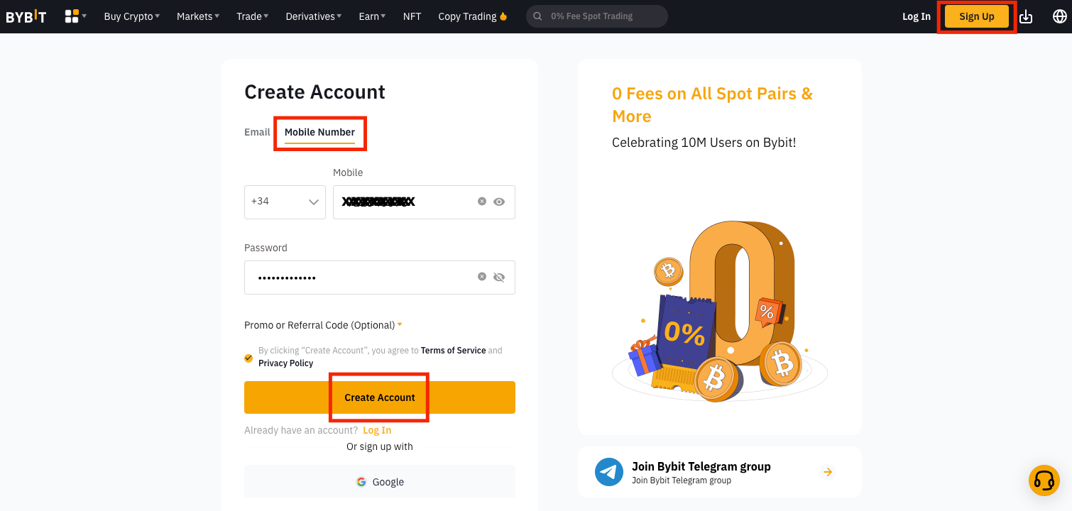 Bybit mobile sign up with Create Account button (on desktop)