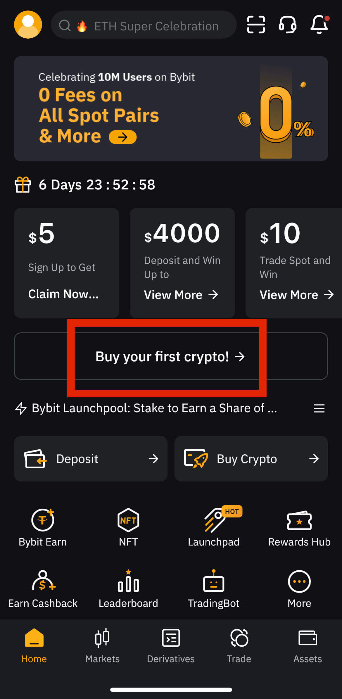 Bybit's mobile app homepage with Buy your first crypto button in the center.