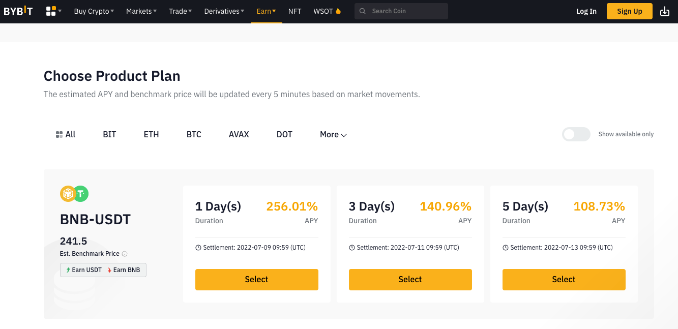 Bybit Stake page – BNB Product Plan