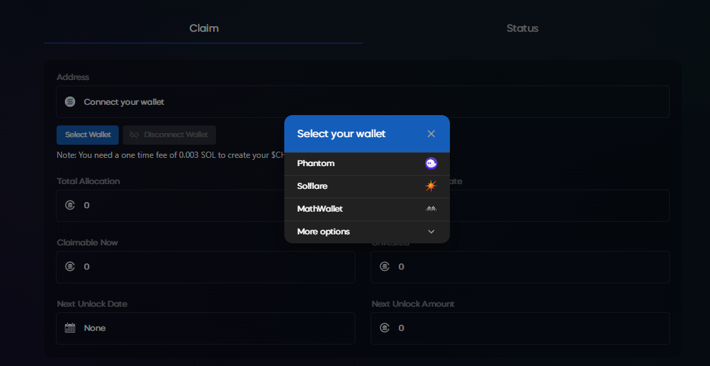 Screenshot of claim tokens page on the SolChicks site showing wallet options and other fields.