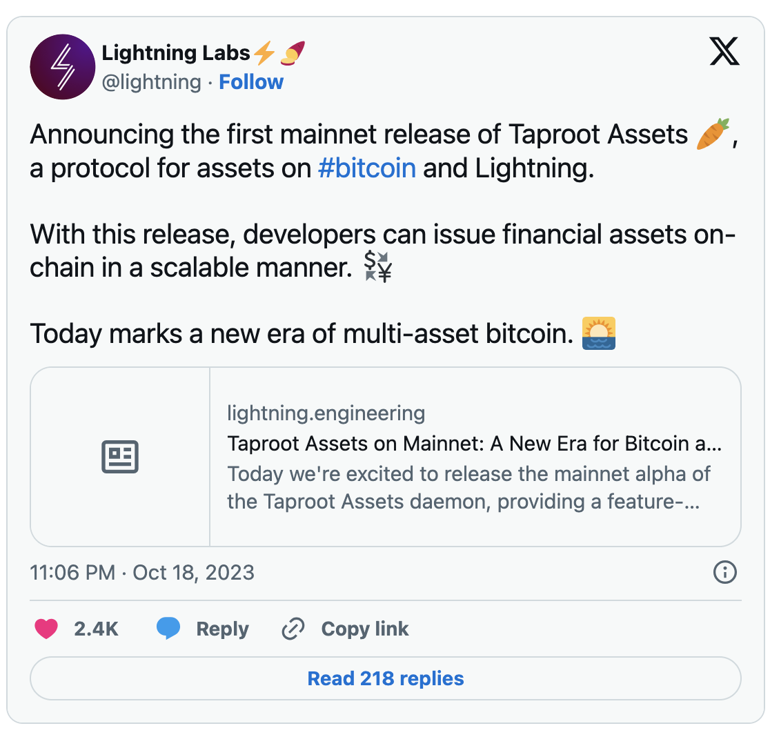 Lightning Network Taproot Assets mainnet releases announcement on X.