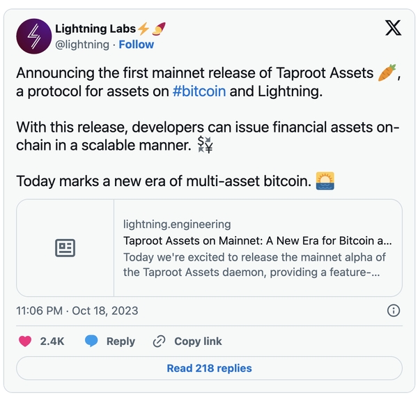 Lightning Network Taproot Assets mainnet releases announcement on X.