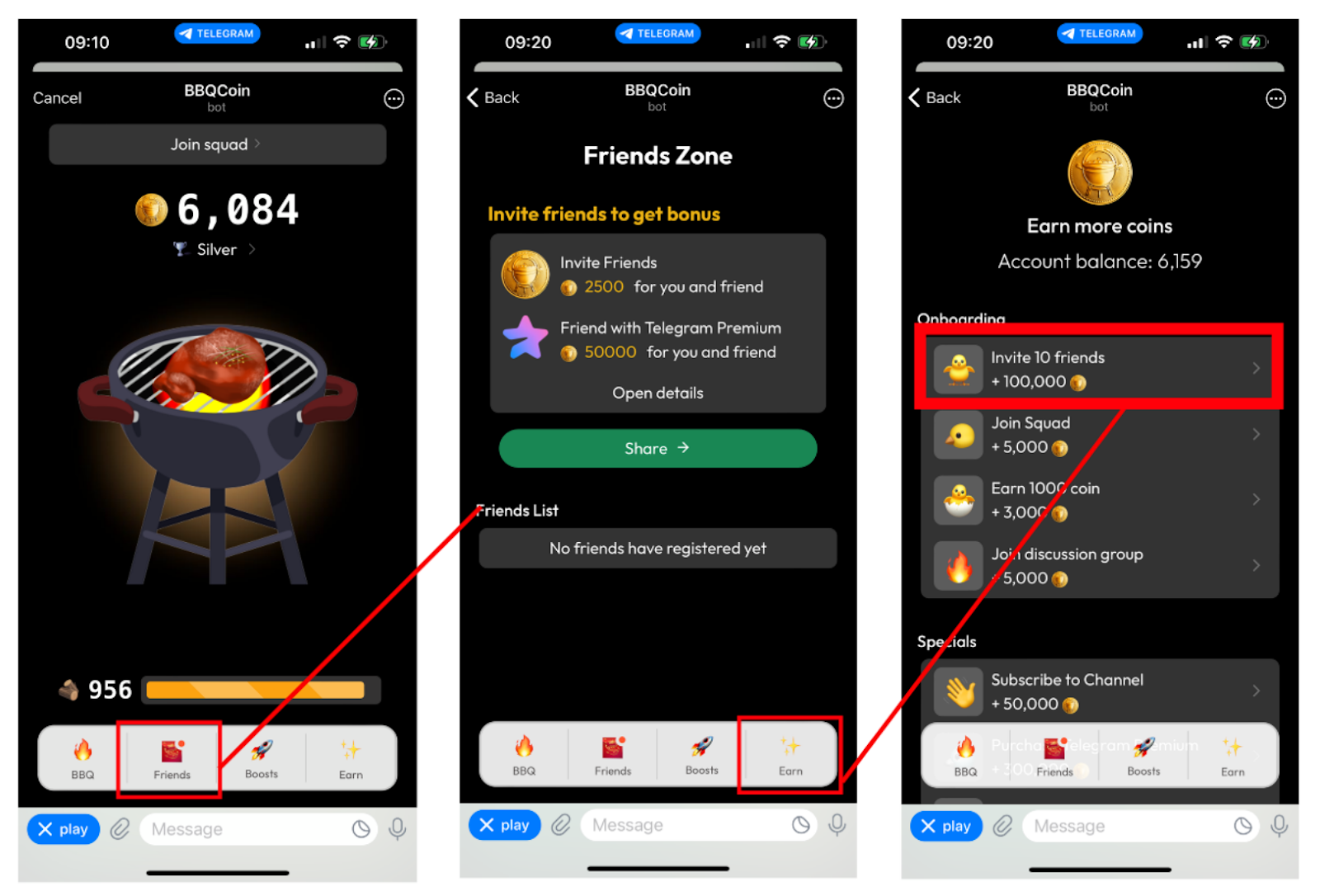 Inviting friends to earn coins on BBQCoin.