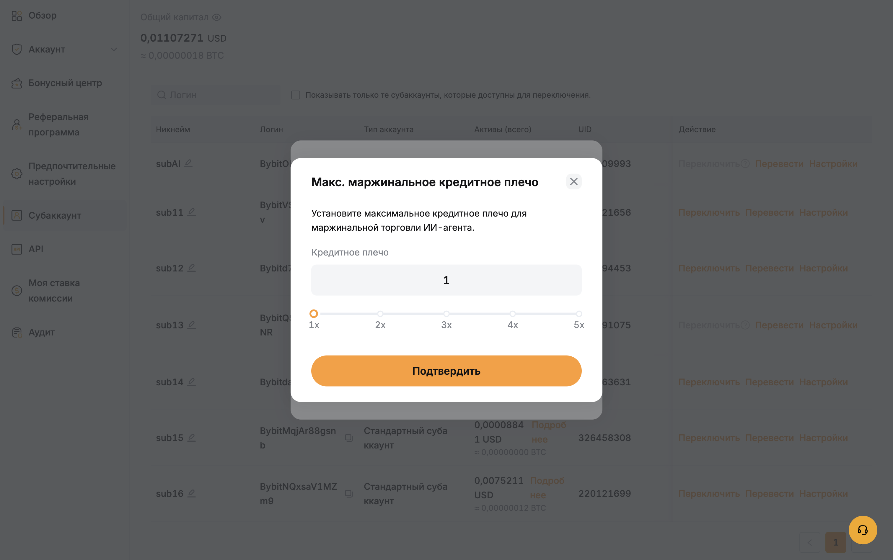 Лимит максимального кредитного плеча и разрешения ИИ-субаккаунта Bybit»