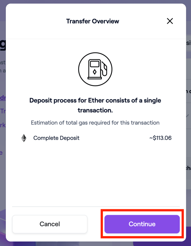 From Ethereum to Polygon Step 5: Click on Continue in Transfer Overview