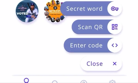 Screenshot of the POAP app showing minting options: Secret word, Scan QR and Enter code