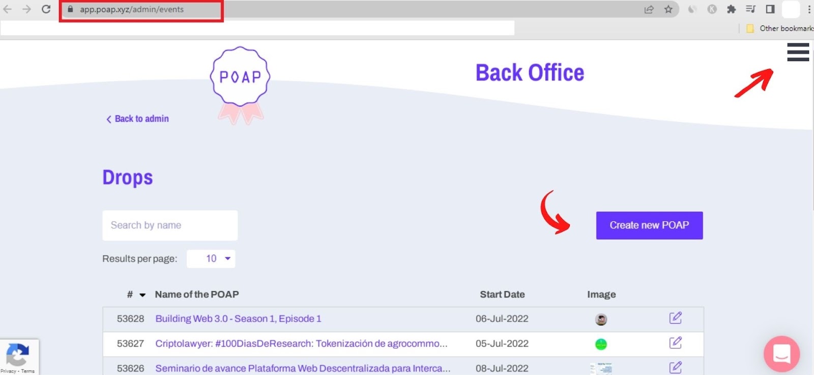 Screenshot of the admin page on POAP Scan, with option titled Create new POAP highlighted