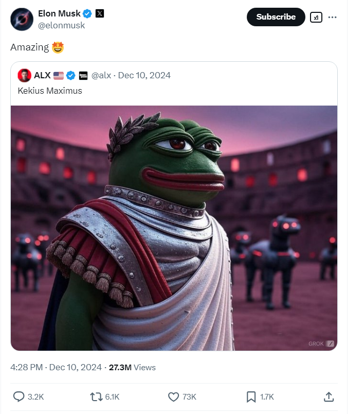 ペペコインのモチーフに関連するマスク氏のツイート