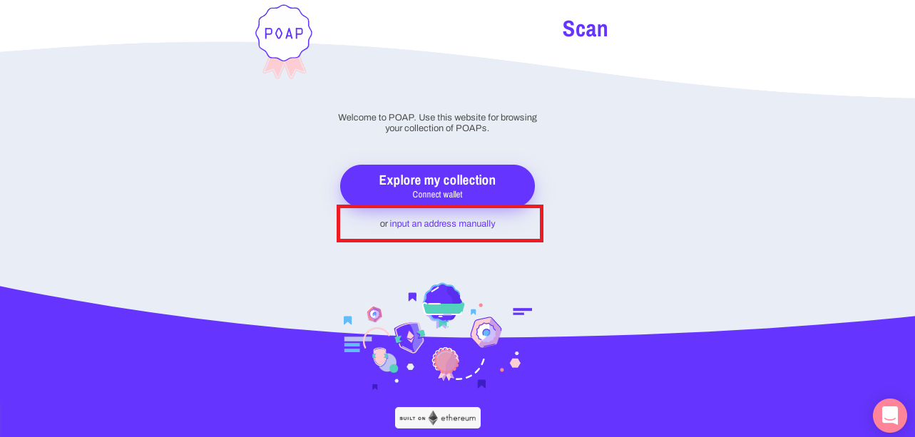 Alt text: POAP Scan homepage with manual input option displayed on the screen