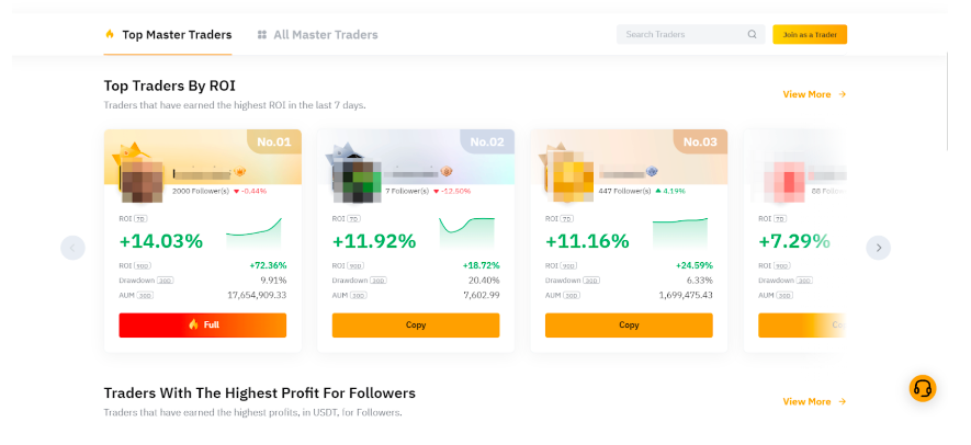 Example of top Master Traders cards ranked by ROI on Bybit.