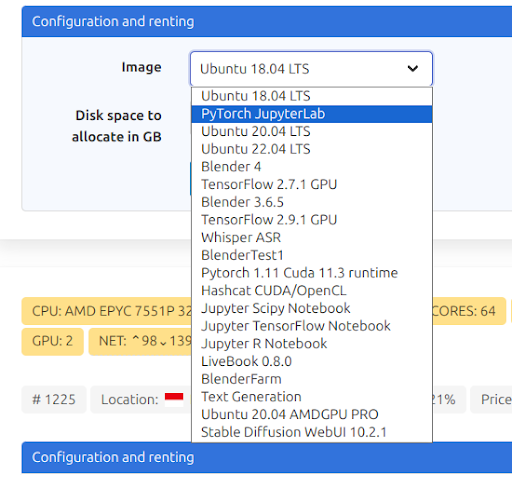 A screenshot from the OctaSpace app showing the variety of AI/ML tools that can be installed on a rented computer.