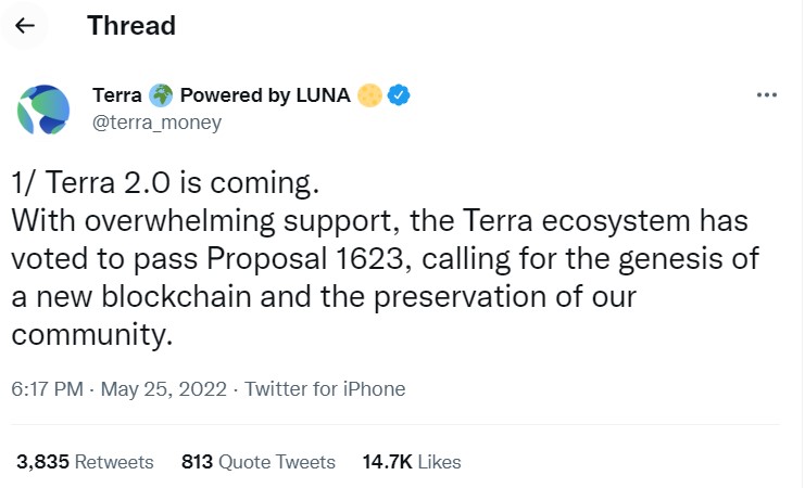 Tweet about the launch of the Terra ecosystem revival from the official Terra Money’s Twitter account.