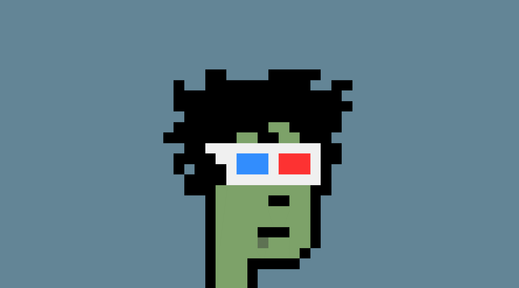Larva Labs "CryptoPunk #8857" — a pixelated green-skinned Zombie Punk with 3D blue-and-red glasses