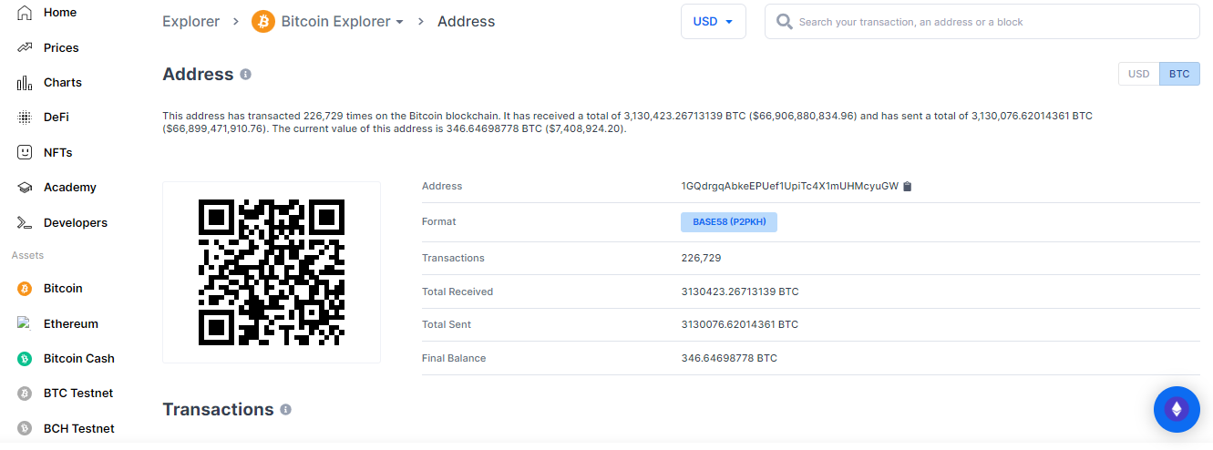 The transaction details of a Bitcoin wallet on a Bitcoin explorer.