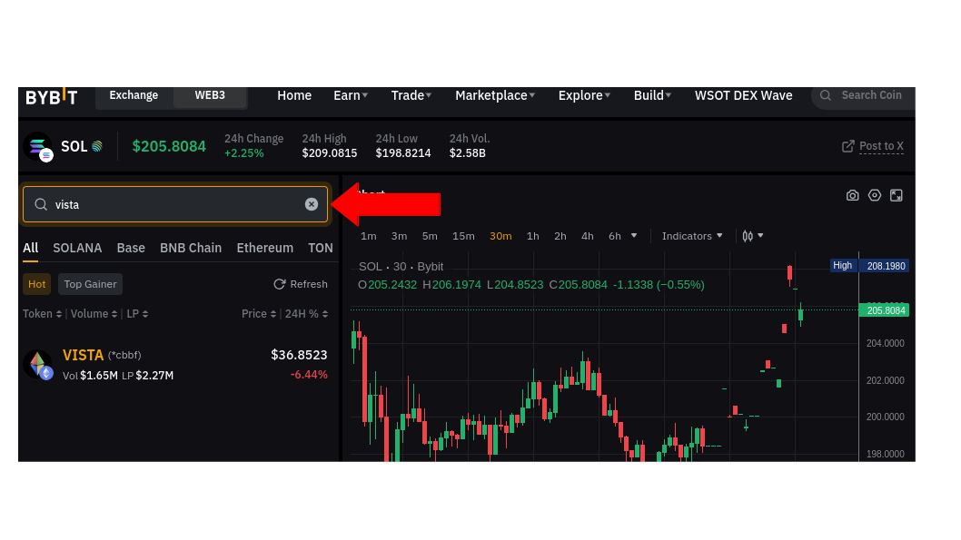 Buying VISTA on Bybit Web3 DEX Pro.