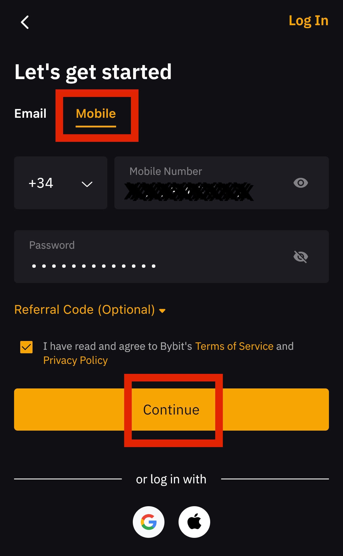 Bybit mobile sign up with Continue button (on mobile)