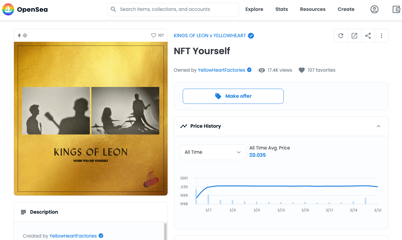 Kings of Leon NFT album on sale on OpenSea marketplace