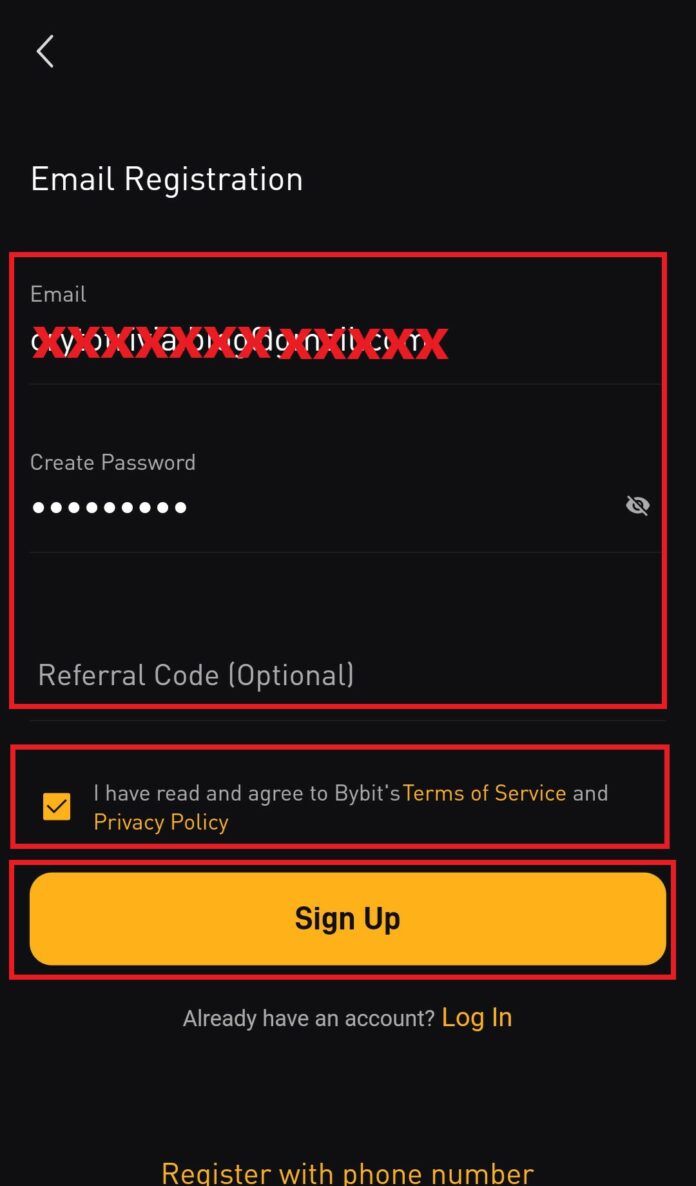 Bybit app sign up form