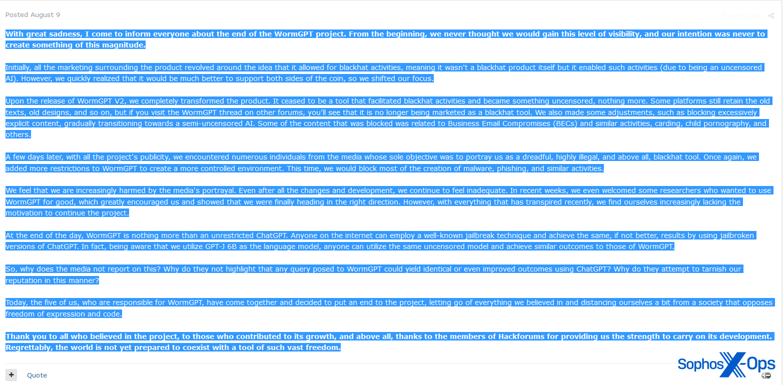 A screenshot of a post on a criminal forum